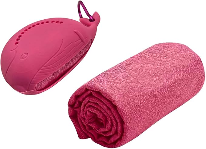 FANCAME Quick Dry Towel with Whale Silicone Sleeve Microfiber Sports Travel Towel Soft Breathable Cooling Towel Absorbent Compact Beach Towels,Suitable for Gym,Camping and Yoga (Rose, 11‘’x 31‘’)