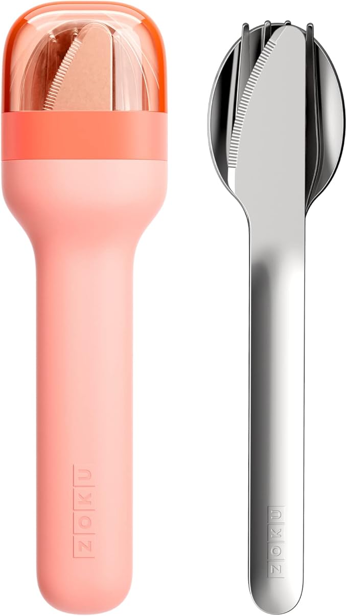 Zoku Pocket Utensil Set, Peach | Stainless Steel Fork, Knife, and Spoon Nest in Hygienic Case | Portable Design for Travel, School, Work, Picnics, Camping and Outdoor Home Use
