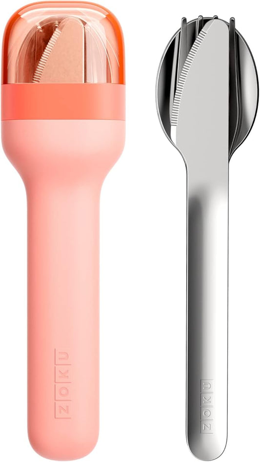 Zoku Pocket Utensil Set, Peach | Stainless Steel Fork, Knife, and Spoon Nest in Hygienic Case | Portable Design for Travel, School, Work, Picnics, Camping and Outdoor Home Use