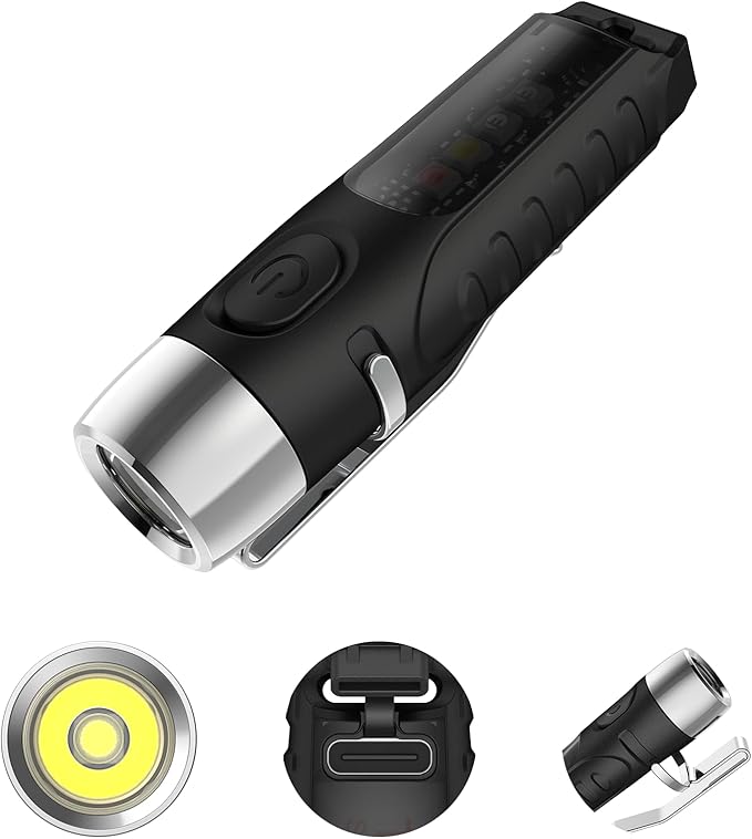 S12Plus Keychain Flashlight,610 High Lumen EDC Pocket Flashlight,USB C Rechargeable Mini LED Flashlight,Small Flashlight for Everyday use, Backpacking, Camping(Transparent Black)