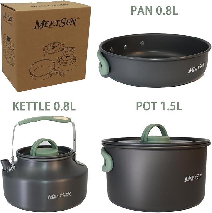 Camping Cookware Set with Silicone Handle, Camping Cooking Set for 2-3 Person,Camp Cooking Set with 1.5L Pot,Camping Pot Pan Set with Kettle and Folding Tableware for Camping Hiking Picnic