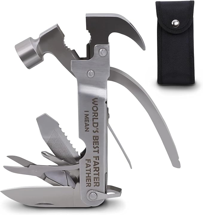 Fathers Gifts for Dad from Daughter Son WORLD'S BEST FATHER I MEAN FATHER Hammer Multitool Camping, 12 In 1 Pocket Multi Survival Tools Cool Gadgets Christmas Birthday Gifts for Men boyfriend