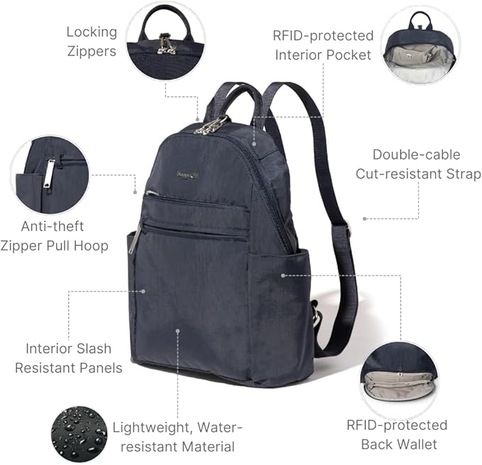 Securtex® Anti-theft Vacation Travel Backpack 10x13" Slash-Resistant Nylon Daypack w/RFID, French Navy