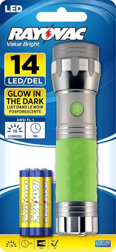 Rayovac Mini LED Flashlight with Glow in the Dark Rubber Grip, Metal Tactical Flash Light with Batteries Included - Perfect for Parties, Gifts, Power Outages, Emergency Situations