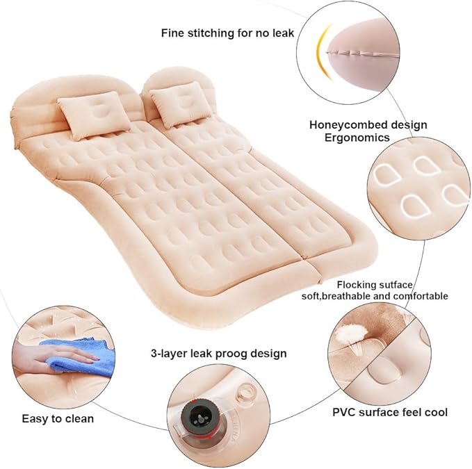 SAYGOGO SUV Air Mattress Camping Bed Cushion Pillow - Inflatable Thickened Car Air Bed Mattress with Air Pump Portable Sleeping Pad for Home Car Travel Camping Upgraded Version - Beige1