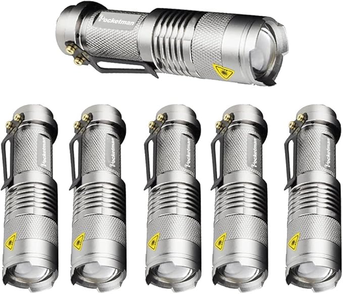 MODOAO 6 Pack,7W 300LM SK-68 3 Modes Mini Light Black Q5 LED Tactical Flashlight, LED Mini Flashlights,Adjustable Focus Zoomable Tactical Flashlight for Camping Hiking(Silver)