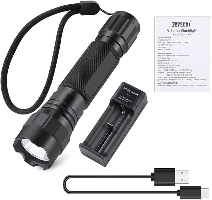 Feyachi FL21 Tactical Flashlight 1200 Lumen LED Flash Light Rechargeable Flashlight for Hunting Fishing Camping