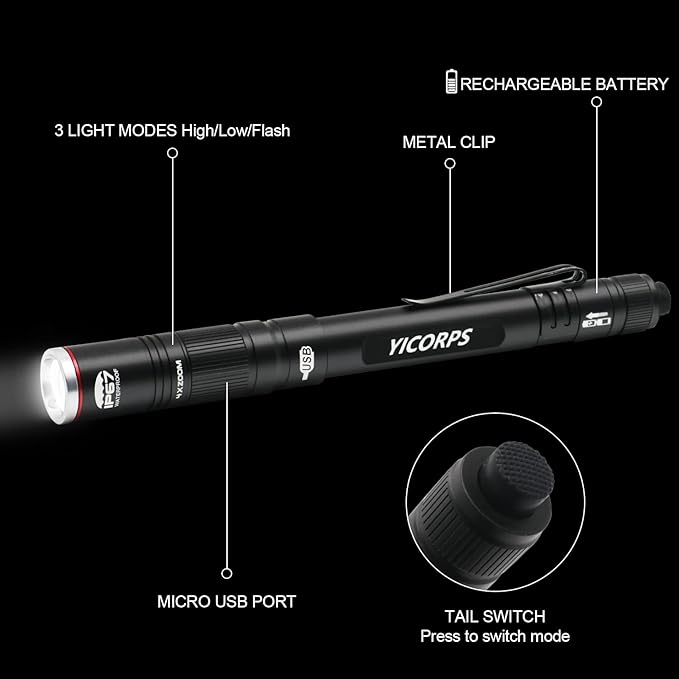 Rechargeable Pen Light Flashlight 300 Lumens 3 Lighting Modes Handheld Pocket Small Flashlights with Clip, Zoomable Waterproof Perfect for Emergency, Inspection, Repair, Camping