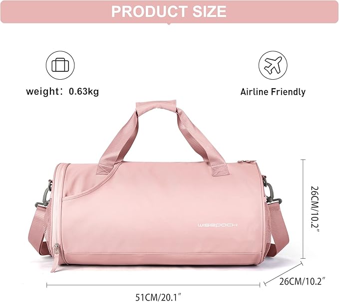 Pink Gym Bag for Women & Men with Wet & Shoe Compartment, Small Duffle Bag for Travel, Sport, Gym, Workout, Overnight, Weekender, Carry-on