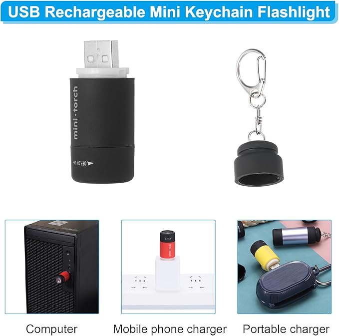 PATIKIL Mini Keychain Flashlight, Pocket LED Flashlight Portable Torch USB Rechargeable for Outdoor Camping Party, Black