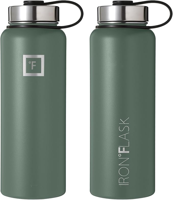 IRON °FLASK Camping & Hiking Hydration Flask, Wide Mouth, 3 Straw Lids, Stainless Steel Outdoor Water Bottle, Double Walled, Insulated Thermos, Metal Canteen - Sage, 40 Oz