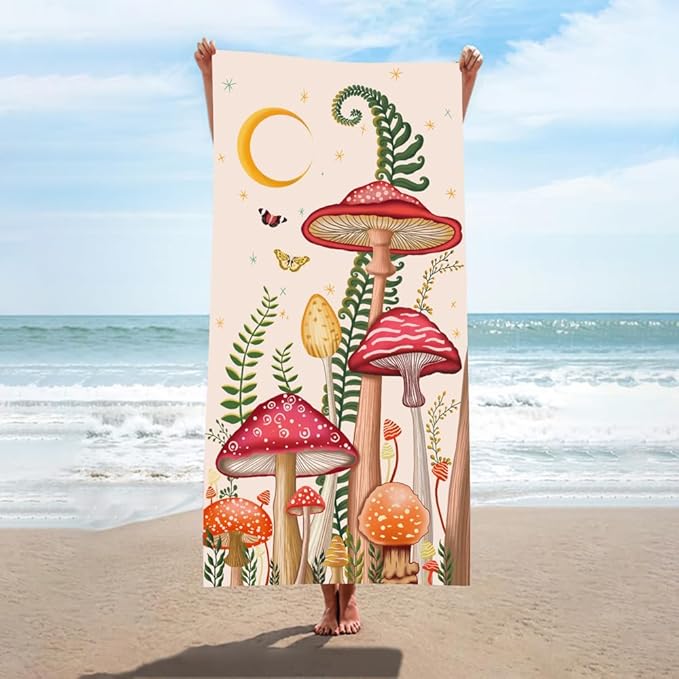Microfiber Oversized Lightweight Terry Mushroom Beach Towel 71"x31.5" XL Extra Large Thick Sand Free Towels Travel Swim Pool Yoga Gym Camping for Women Men Beach Essentials Accessories Vacation Gift