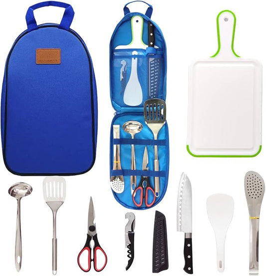 Camp Kitchen Utensil Organizer Travel Set Portable BBQ Camping Cookware Stainless Steel Utensils Travel Kit Outdoor Equipment Cutting Board Tongs Scissors Knife Ladle Spatula
