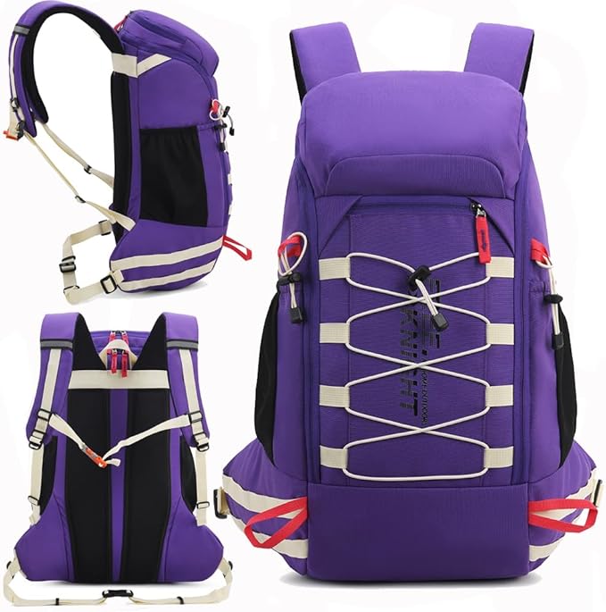 Bseash 40L Waterproof Hiking Camping Backpack with Rain Cover, Outdoor Sport Travel Daypack Rucksack for Skiing Cycling (Purple)