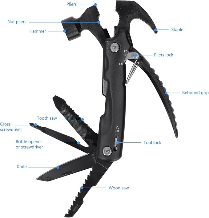 Hammer Multitool, 9 in 1 Mini Portable Survival Tool with Hammer Nailing Device, Pliers, Knife, Saw, Cross Screwdriver for Camping, Hiking, Gifts for Dad and Boyfriend