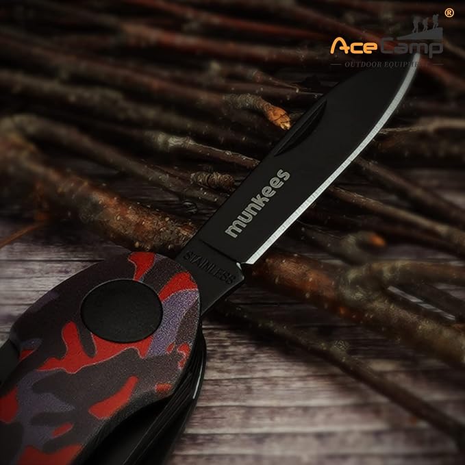 14-in-1 pocket multi-tool, camo stainless steel tool with blade, scissors, corkscrew, serrated, screwdriver, outdoor, fishing, hiking, camping Green
