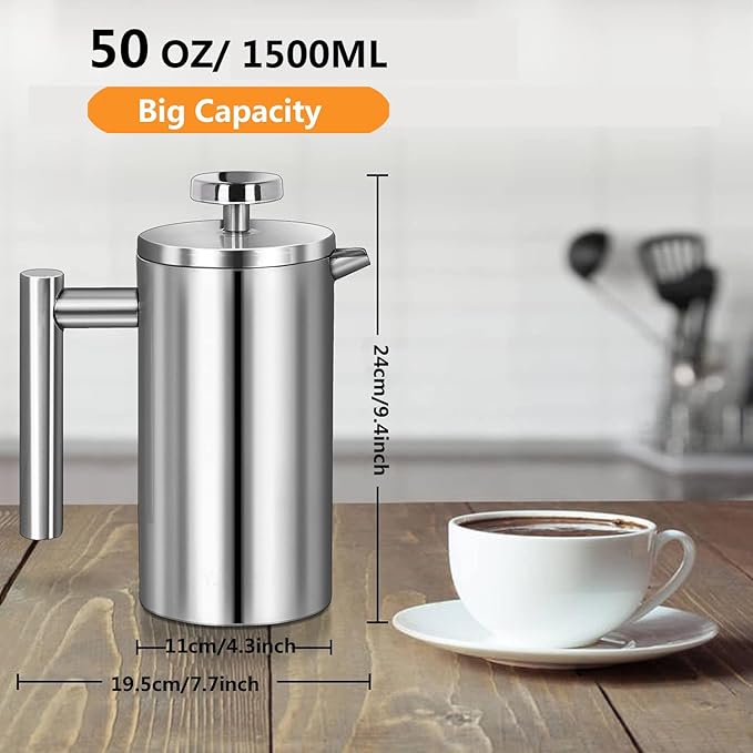 Stainless Steel French Press Coffee Maker 1500ml, Double-Wall Insulated Large French Coffee Press for travel camping,Large Capacity, (50oz, Silver)