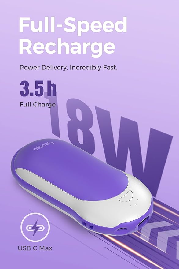 OCOOPA Quick Charge Hand Warmers Rechargeable, 10000 mAh Electric Hand Warmer Power Bank PD, 15hrs Lasting Heat, 3 Levels, Perfect Outdoor Heater for Camping, Hunting, Golf Gifts
