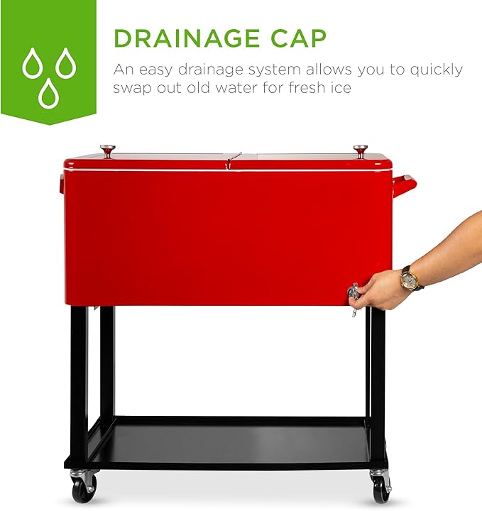 Best Choice Products 80-Quart Outdoor Steel Rolling Cooler Cart w/Ice Chest, Bottle Opener, Catch Tray, Drain Plug, Locking Wheels