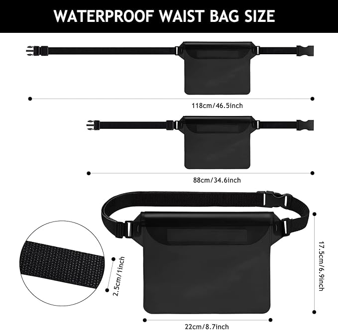 Hatisan Waterproof Pouch with Waist Strap, Waterproof Fanny Pack Keep Phone Valuables Safe and Dry Beach Accessories for Vacation Boating Swimming Snorkeling Kayaking Pool(2 Pack,Black)