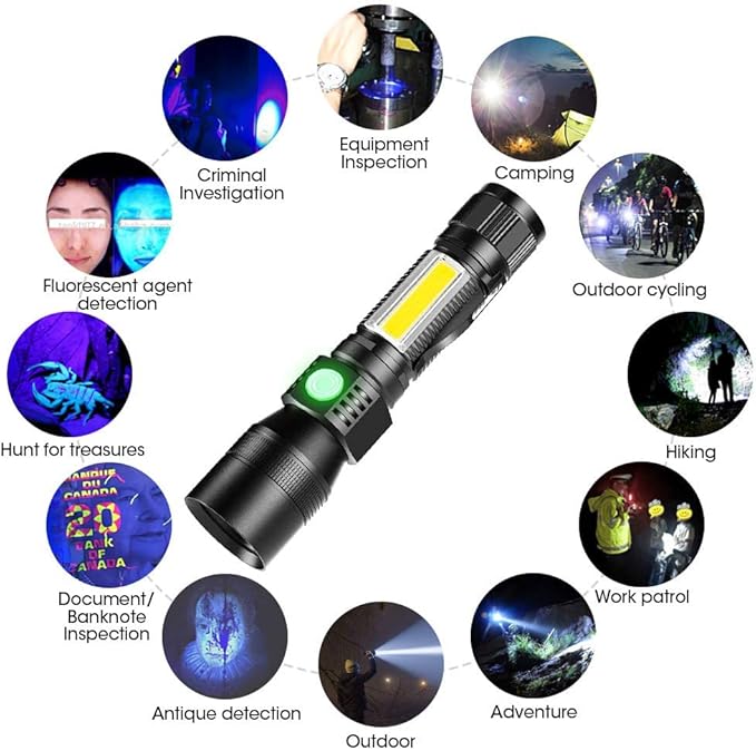 Rechargeable Flashlights, 2 PCS 3 in 1 Super Bright Black Light Flashlights 2000 Lumens, 7 Modes, Zoomable, Waterproof Flash Light Recharchable for Camping, Emergency, Pet Clothing Detection with bag