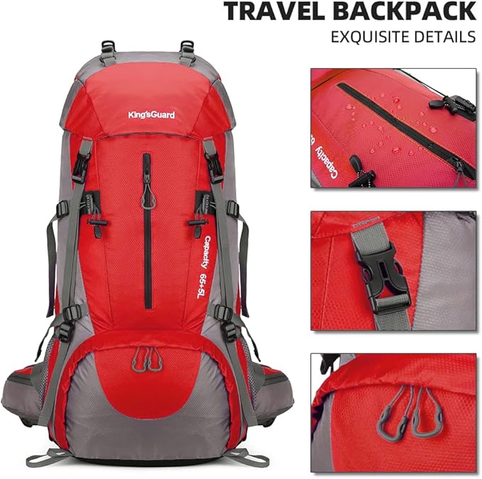 King'sGuard 70L Hiking Backpack Large Lightweight Waterproof Camping Backpack Travel Backpacking Backpack Daypack with Rain Cover -Frameless (Red)