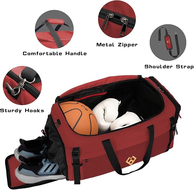 Eackrola Extra Large Sports Gym Bag, Travel Duffel bag with Wet Pocket & Shoes Compartment for men women, 85L, Lightweight (Red)