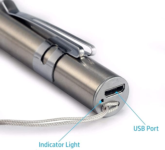 yuentoen Pen Light Flashlight, Rechargeable LED Super Bright Flashlight with Stainless Steel Clip and USB Cable for Home Camping Outdoor and Emergency - Silver