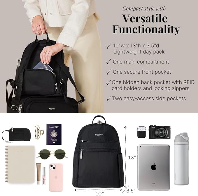 Securtex® Anti-theft Vacation Travel Backpack 10x13" Slash-Resistant Nylon Daypack w/RFID, Black