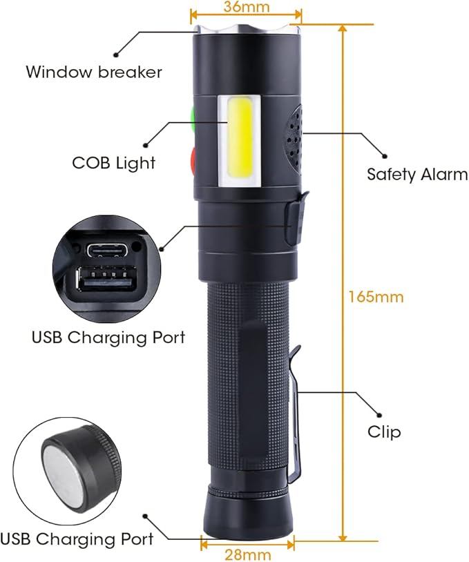 Self Defense Rechargeable Flashlight with 128dB Personal Alarms for Emergency or Safety,600 High Lumens,COB Work Light,Magnetic for Outdoors,Camping...
