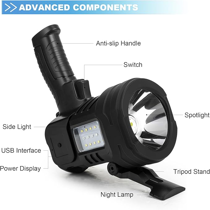 Rechargeable Spotlight Flashlight, 1,000,000 Lumens Super Bright Spotlight Outdoor with Cob Light & USB Output, Lightweight Handheld Led Spot Light for Hunting Boating Camping