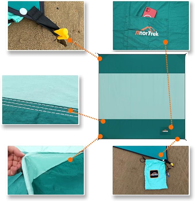 Beach Blanket Sandproof, Extra Large Beach Mat, Sand Free Mat Quick Drying, Lightweight, Soft & Durable Mat for Beach, Yard (Dark Green & Mint Green, 6.6 x 6.6 FT (1~4 Person))