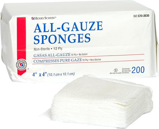 200/Pack Non-Sterile Gauze Pads 4’’ x 4’’ for Wound Dressing Gauze Sponge-Pads for Wound Care & Home First Aid Kits -12-Ply - 100% Cotton & Highly Absorbent