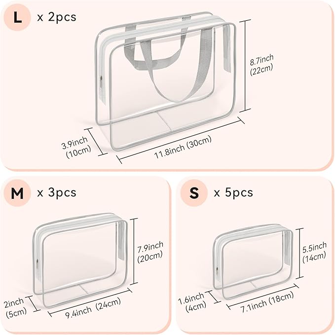 TISRATOK 10 PCS Clear Travel Makeup Toiletry Bag, Plastic PVC Cosmetic TSA Approved Organizer Kit with Zipper Handbag(Grey)