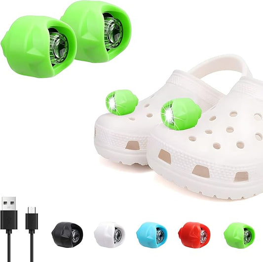 Vergissm Rechargeable Flashlights for Croc, 2 PCs Croc Headlights for Shoes, Waterproof Hands Free Flashlights with 3 Light Modes for Kid Adults, Novelty Shoes Light for Camping, Dog Walking (Green)