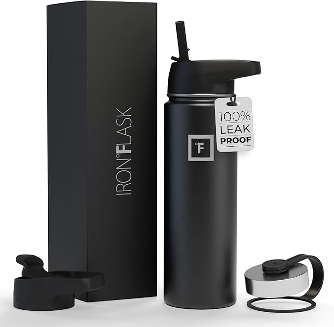 IRON °FLASK Camping & Hiking Hydration Flask, Wide Mouth, 3 Straw Lids, Stainless Steel Outdoor Water Bottle, Double Walled, Insulated Thermos, Metal Canteen - Midnight Black, 22 Oz