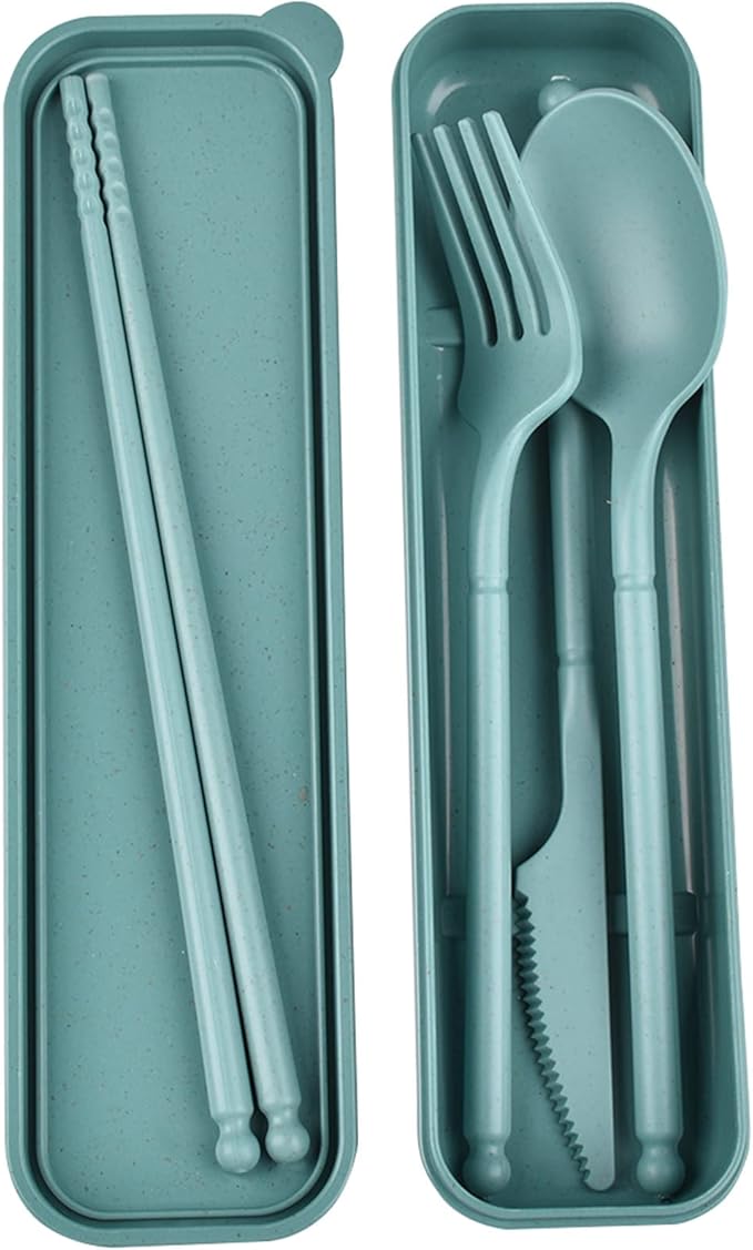 Camping Utensil Set, Reusable Utensils Set with Case, Plastic Cutlery Set Forks Spoon Tableware Chopsticks, Portable Cutlery Set for Travel Picnic Camping or Daily Use (Dark Green)
