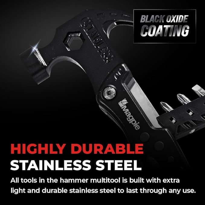 Magpie Hammer Multitool, 19 in 1 Essential Heavy-Duty Multipurpose Tool, Camping Accessories Survival Gear, Birthday Gift for Him Men Husband Son