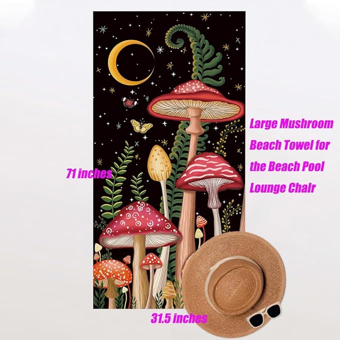 Microfiber Oversized Lightweight Thick Mushroom Beach Towel 71"x31.5" XL Extra Large Terry Sand Free Towels Travel Swim Pool Yoga Gym Camping for Women Men Beach Essentials Accessories Vacation Gift
