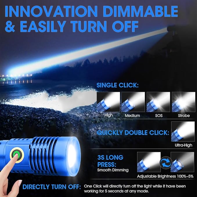 Rechargeable Flashlight High Lumens, 12000 High Lumens Super Bright Flash Light, 1500 Meter Long-Range Zoomable LED Flashlights for Emergency, EDC, Searching, Waterproof Flashlight Dimmable Blue Pcs