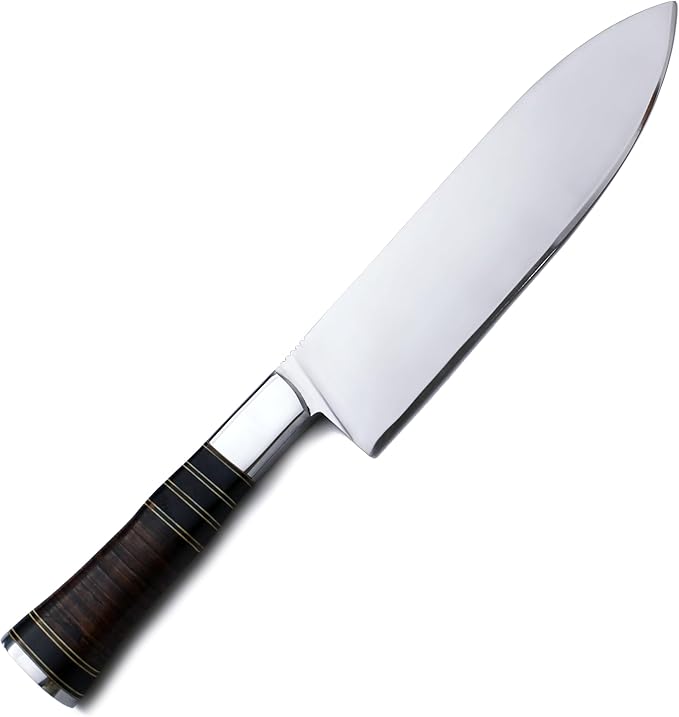 GCS Handmade Stacked Leather Handle D2 Tool Steel Chef Knife with leather Buffalo Hide Sheath 130