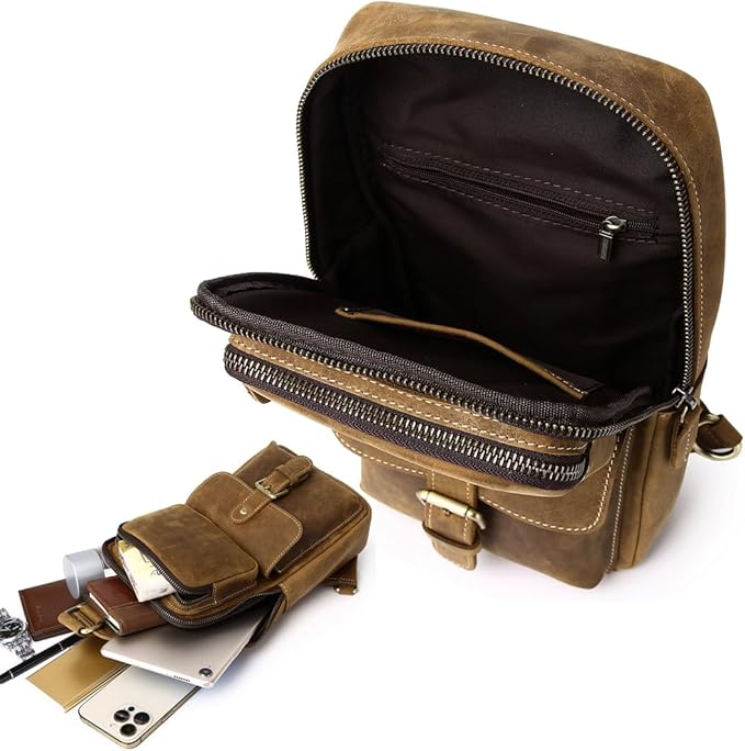 KPYWZER Sling Bag Men Women Vintage Full Grain Genuine Leather Shoulder Backpack Satchel Chest Casual Daypack Crossbody Outdoor Day Pack Backpacks Brown