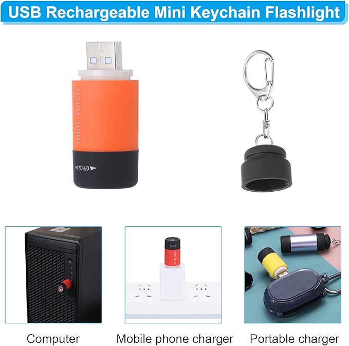 PATIKIL Mini Keychain Flashlight, Pocket LED Flashlight Portable Torch USB Rechargeable for Outdoor Camping Party, Orange