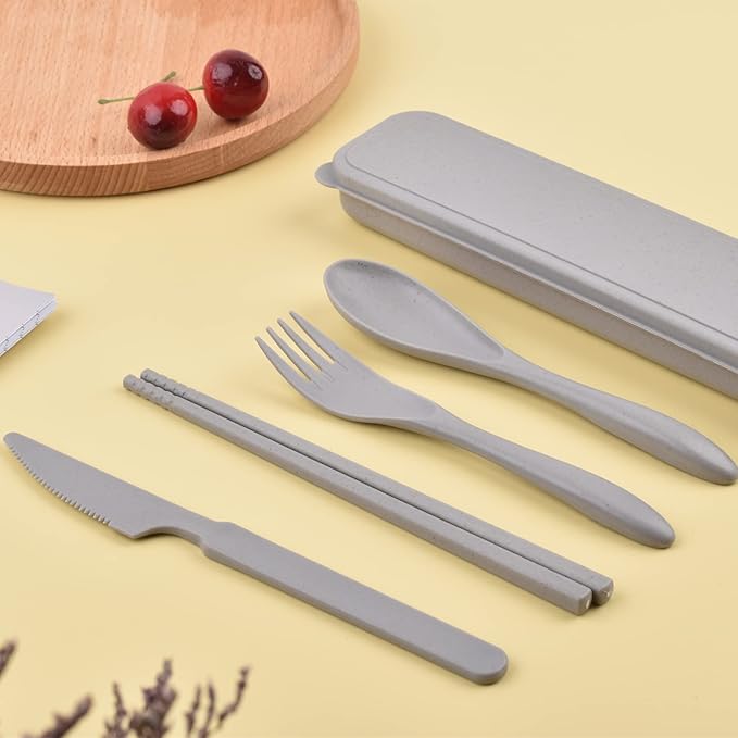 Travel Utensils with Case, Portable Wheat Straw Cutlery Set, Spoon Knife Fork Chopsticks Reusable Utensils for Travel Work Picnic Camping or Daily Use