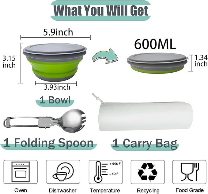 RMAMSCOV Camping Bowl, 3 PCS Food Grade Silicone Collapsible Bowl Lunch Box Salad Bowl with Lid, Expandable Food Storage Containers Set with Free folding tableware and storage bag (Green-600ml)