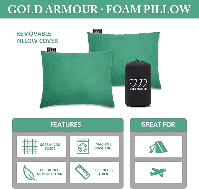 Gold Armour Camping Pillow Memory Foam - Compact Compressible Backpacking, Hammock, and Travel Pillows for Kids and Adults - Essential Outdoor & Camping Gear (Medium 14x18in, Seafoam)