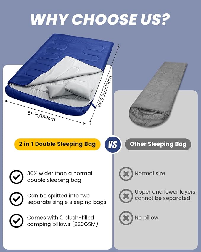 Sportneer Double Sleeping Bag for Adults with 2 Pillows, Queen Size Two Person Sleeping Bag for All Season, 2 Person Sleeping Bags for Cold Weather Camping Hiking Backpacking