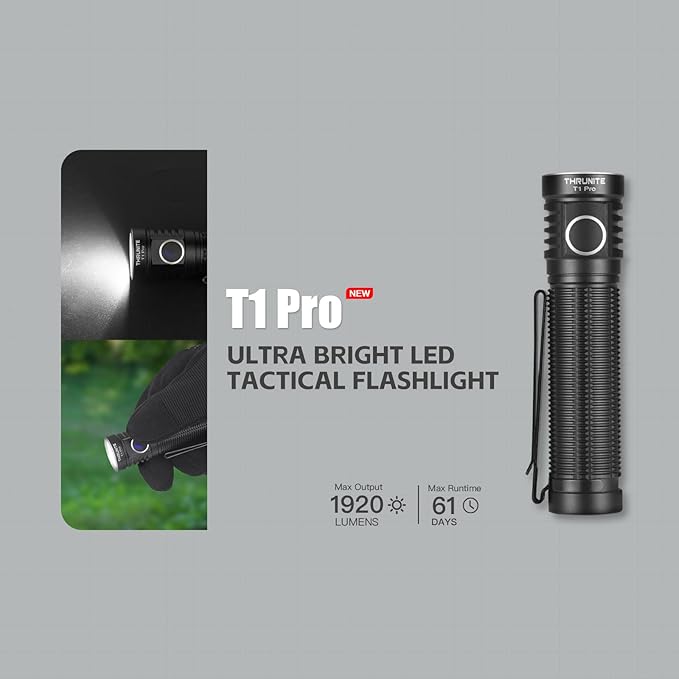 ThruNite T1 Pro High 1920 Lumens Rechargeable Flashlight with USB C Cable, Stepless Dimming,196-Meter Long Beam Distance Pocket Flashlight for EDC, Outdoor, Camping and Emergency (Cool White)