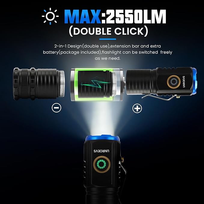 2550 Lumen 2-in-1 Small Flashlight,Led Rechargeable Flashlights High Lumens USB C Charge,Small Powerful Flashlights with 5 Modes, Magnetic Flashlight for Camping, Hiking, Emergency