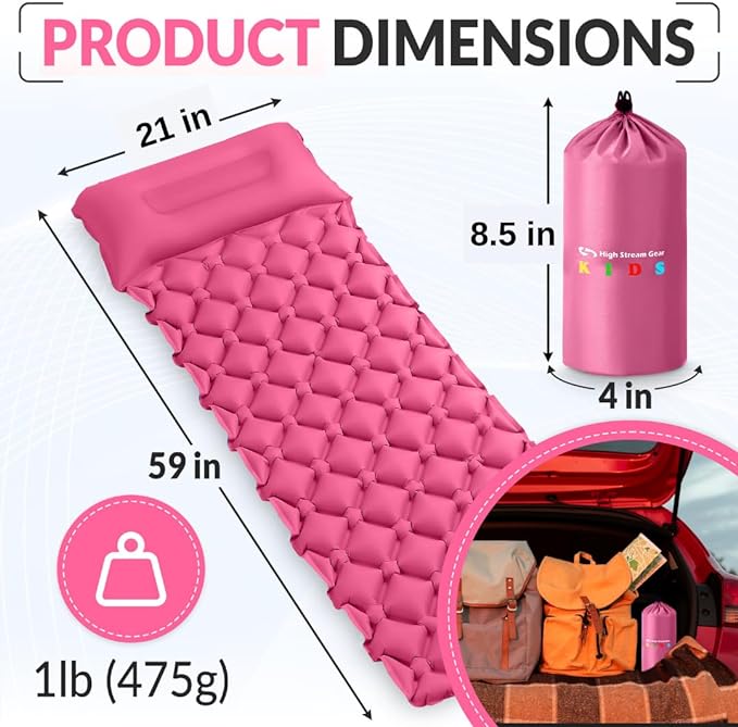 Kids Sleeping Pad for Camping and Sleepovers with Pillow, Inflatable Camping Mattress for Backpacking & Travel, Thick Toddler Cot Mat, Fast Inflating Camping Sleeping Pads for Kids
